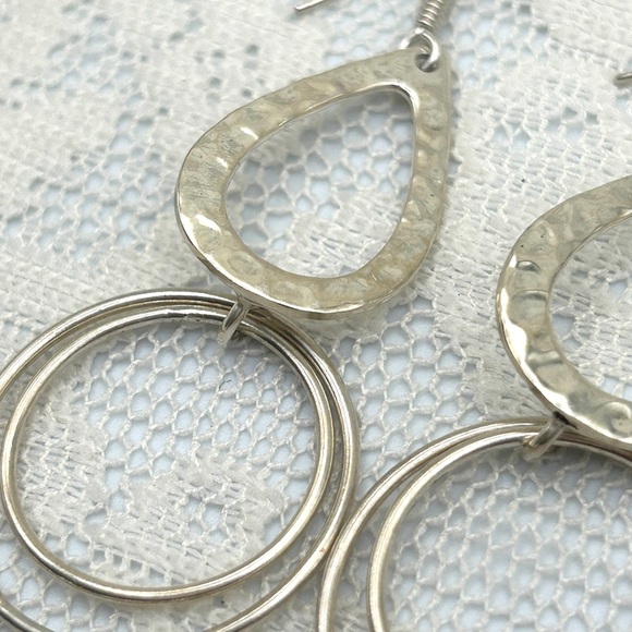 925 Sterling Silver Hammered Circle Double Dangle Earrings - Picture 3 of 13